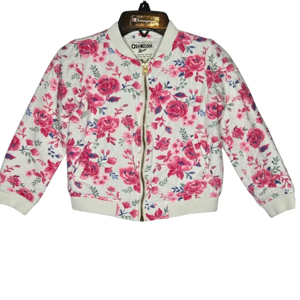 OshKosh B'gosh Girls Quilted Bomber Jacket Floral Pink Roses Size 6 Cottagecore